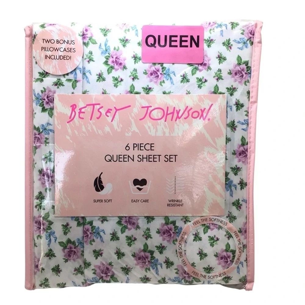 6pc Betsey Johnson Flowers & Bows Purple Print Shabby Chic Queen Sheet Set